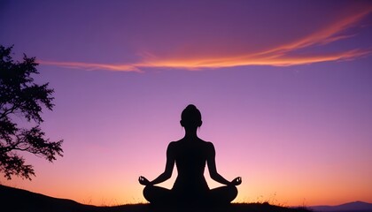 Woman doing yoga on the mountain against a sunset sky