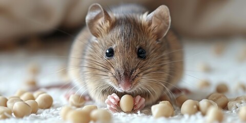 Gray common house mouse on plain white background. Minimalist rodent photography.
