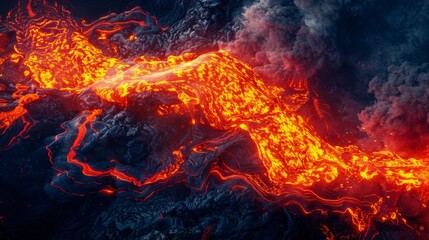 Fototapeta premium flowing lava with bright orange and yellow streaks and black solidified rock