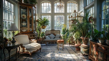 Fototapeta premium A sunroom with a vintage greenhouse feel, decorated with antique furniture, an assortment of potted plants, and sunlight filtering through large windows