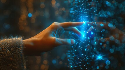 The picture shows a hand with extended finger pointing at an abstract stream of blue digital particles and lights
