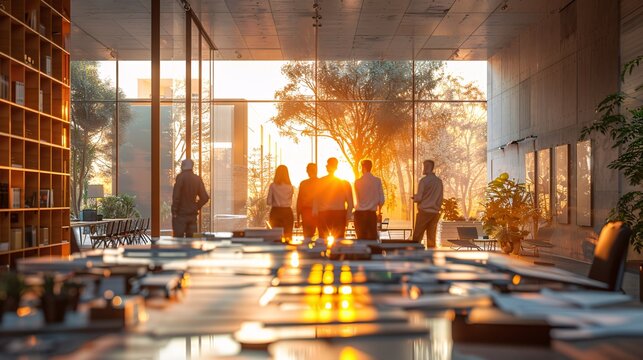 Empty office space with a diverse group of professionals discussing architectural plans with a construction manager.