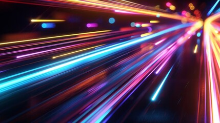 Obraz premium A dark background with colorful neon light stripes moving quickly from left to right, creating an atmosphere of speed and energy