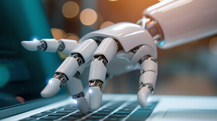 Robot hand point to laptop buttons, advisor chatbot robotic, artificial intelligence concept. Future robot technology concept.	
