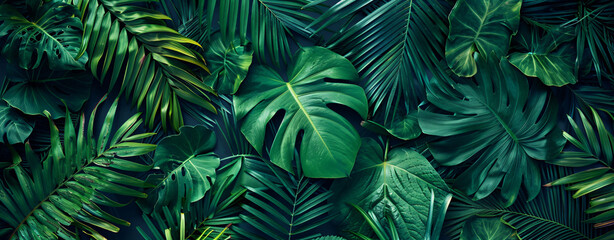 Abstract texture of green tropical leaves, ferns and monstera in a dark forest nature background.