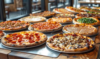 multiple metal pans filled with different types of pizza, Generative AI