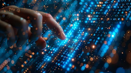 A close-up view of a finger making contact with a stream of glowing binary code overlayed with bokeh lights