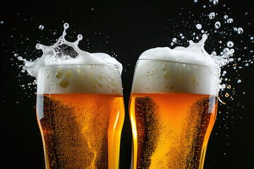Close-up of two beer glasses toasting, empty black background	