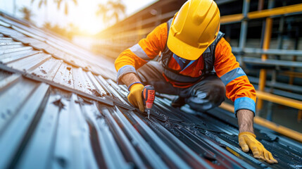 A roofing construction as a skilled roofer, dressed in protective workwear and gloves, employs an air or pneumatic nail gun to efficiently repair and replace roofing tiles on a building's roof.