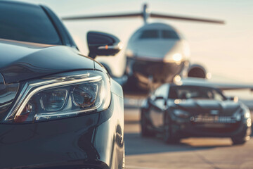 Business private jet airplane parked at terminal and Luxury car, tourism and business travel transportation concept. Closeup
