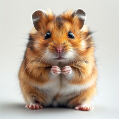 Fluffy Syrian hamster with curious gaze and plump cheeks on pure white background. High-resolution portrait.