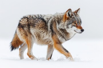 Obraz premium Timber wolf or Grey Wolf (Canis lupus) walking in winter snow in Canada, isolated against white background. Majestic wildlife.
