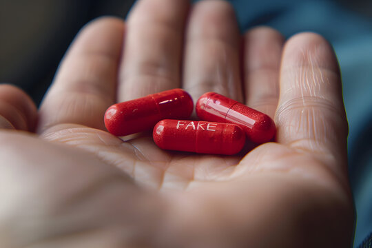 Close-up of hands holding the red capsules with the word "Fake" written on it, symbolizing counterfeit medication.