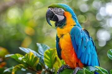 Fototapeta premium Colorful Macaw Parrot, vibrant and exotic, isolated on a pristine white background. Striking avian beauty.