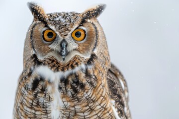Fototapeta premium Full body owl perched on branch isolated on white background, detailed and vibrant
