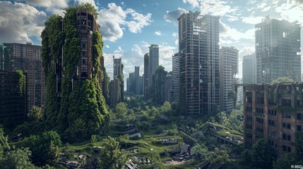 Obraz premium Silent City, An abandoned metropolis overtaken by nature, overgrown, post-apocalyptic cityscape bathed in warm sunlight