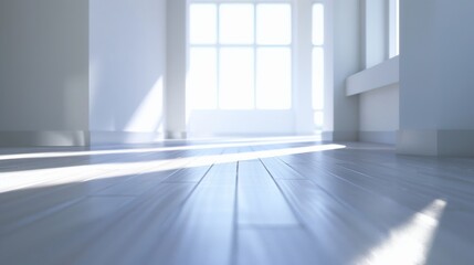 sunlight streaming through windows, casting shadows on wooden floor