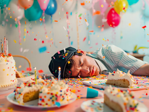 Uomo stanco, assonnato e ubriaco alla fine di una festa di compleanno con la testa appoggiata al tavolo e cappello