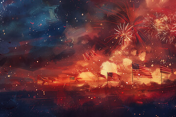 Fototapeta premium an illustration of a grand firework show with American flags and Firebrick red hues