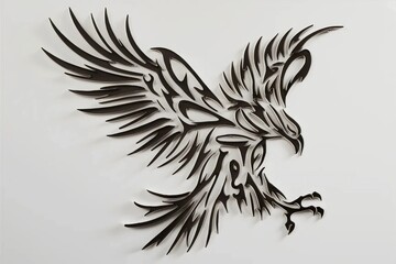 Intricate tribal eagle tattoo illustration with bold black lines and UV ink highlights, soaring gracefully on a pristine white background