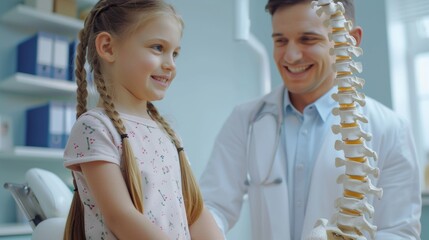 young girl with pigtails smiling at a doctor holding a spine model, depicting a friendly and educational healthcare environment focused on pediatric care