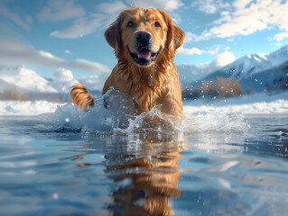  A golden retriever dog standing in a mountain lake. Reflection of the dog on the water.