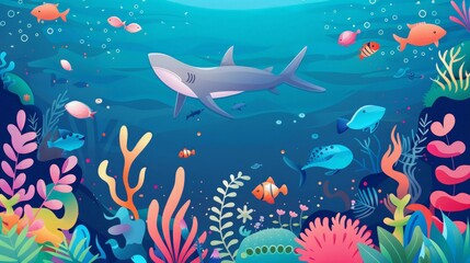 Fototapeta premium Colorful Underwater Scene with Shark and Coral Reef