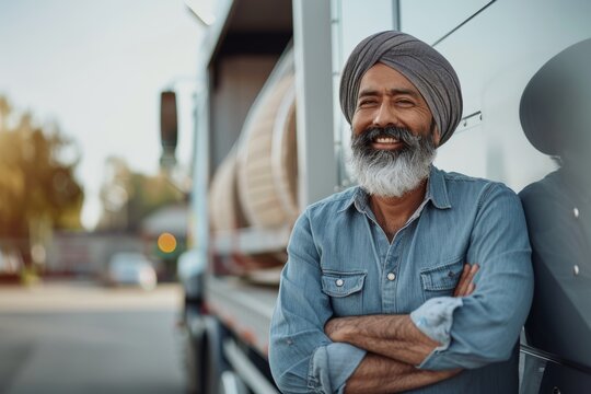 smiling Sikh man with a turban and beard standing by his truck, exuding confidence and pride, representing a hardworking and proud professional - Powered by Adobe
