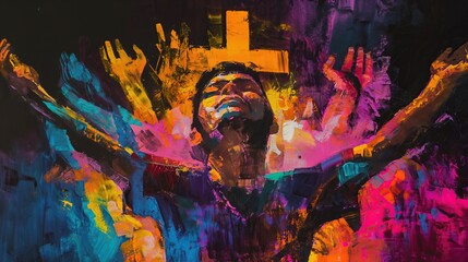 Fototapeta premium oil paint abstract illustration of christian man worship with hands raised on black background. cultural diversity concept