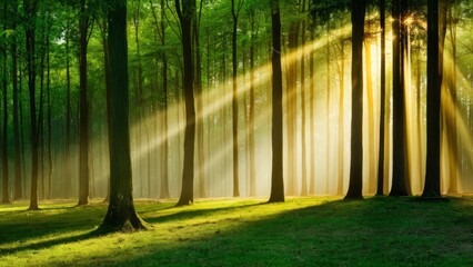 Fototapeta premium Beautiful rays of sunlight in a green forest, photo.
