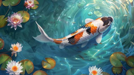 Graceful Koi Fish in Tranquil Pond with Lily Pads and Flowers, High-Resolution Serene Water Scene