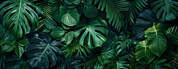 Abstract texture of green tropical leaves, ferns and monstera in a dark forest nature background.