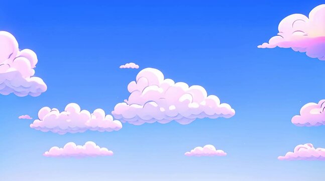 clouds floating horizontally on blue sky background. Seamless looping animation. Animated cartoon cloudscape.