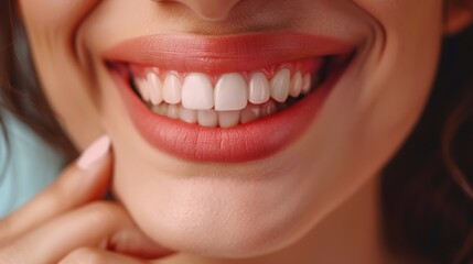 Fototapeta premium close-up of a woman's smile with bright white teeth and red lipstick