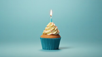 Birthday cupcake with one candle on colorful background, celebration concept  