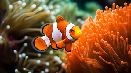 Vivid Clownfish and Anemone Interaction in Underwater Marine Environment