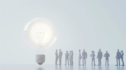 Group of men and women, bright light bulbs The idea of ​​seeking knowledge, ingenuity, originality, standing out from the crowd. Innovation Communication Business Concept. Vector