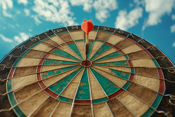 Obraz premium Red arrow in the middle of the dartboard Ideas are business goals. Darts are opportunities. Setting goals and achieving business goals.