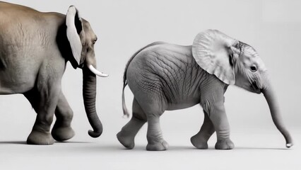 Baby elephant and mother African elephant walk on a white background.