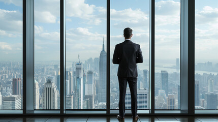 Fototapeta premium A male businessman stands by a large window. Concept of contemplating success Businessman pondering career and future goals on city rooftop