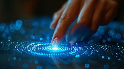 Finger pressing a virtual glowing blue button illuminated by digital light
