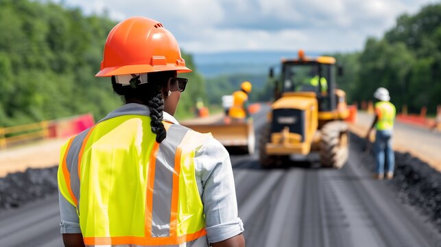 Black African American female construction worker monitoring road paving operation on newly constructed road. Infrastructure development and road safety concept