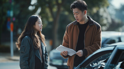 A young Asian woman stands and talks with the other party or insurance agent after Car crash on the highway Car accident on slippery road Drunk driving car accident insurance