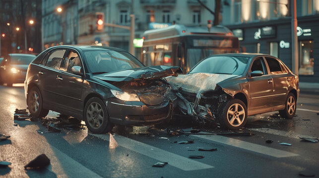 Car crash on the highway Car accidents on slippery roads, bus crashes and cars in the evening. Drunk driving car accident. 3D illustration