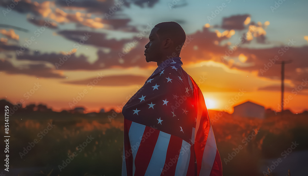 Wall mural a man is holding a flag in front of a sunset