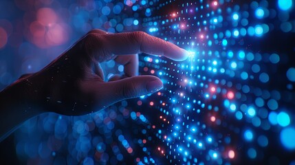 Close-up of a hand interacting with futuristic digital technology interface with glowing particles