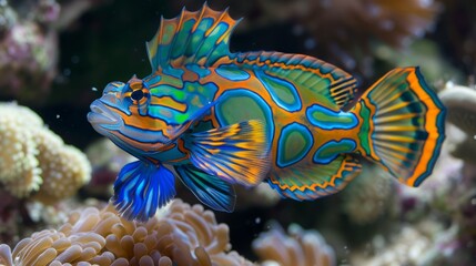 Vibrant Mandarinfish Swimming Among Colorful Coral Reef