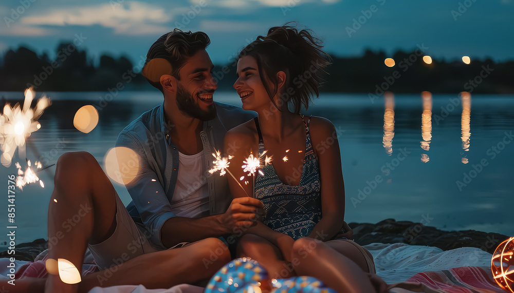 Wall mural A couple is sitting on a boat by a lake, holding sparklers and smiling