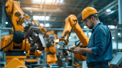 Automation engineers use tablets to program robot arms in a smart factory for digital factory production technology showing industrial automation processes.