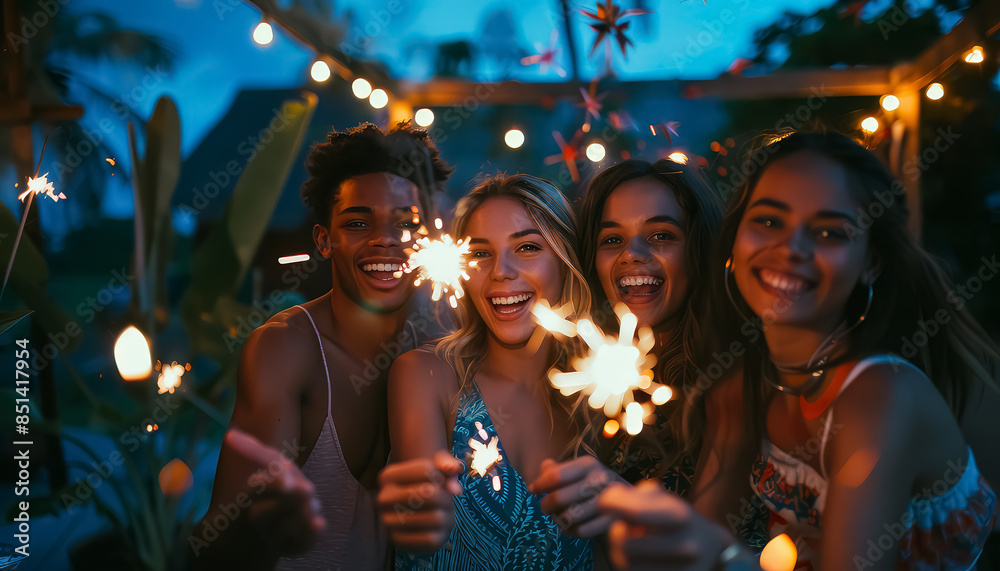 Sticker A group of people are gathered around a table, laughing and holding sparklers